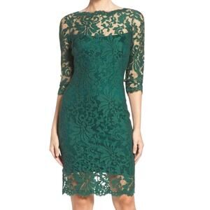 Tadashi Shoji Embroidered Lace Sheath Dress Illusion Neckline Green Womens 4